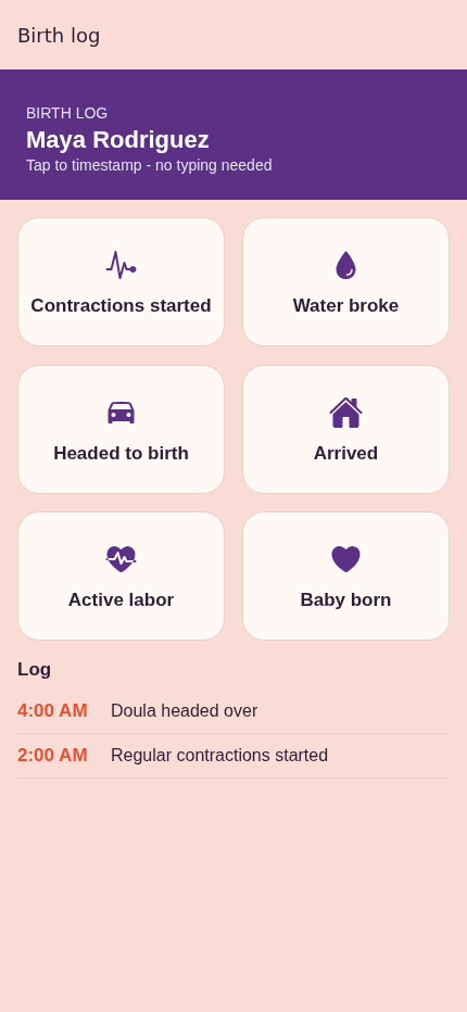 The HeyDoula birth log with large one-thumb buttons