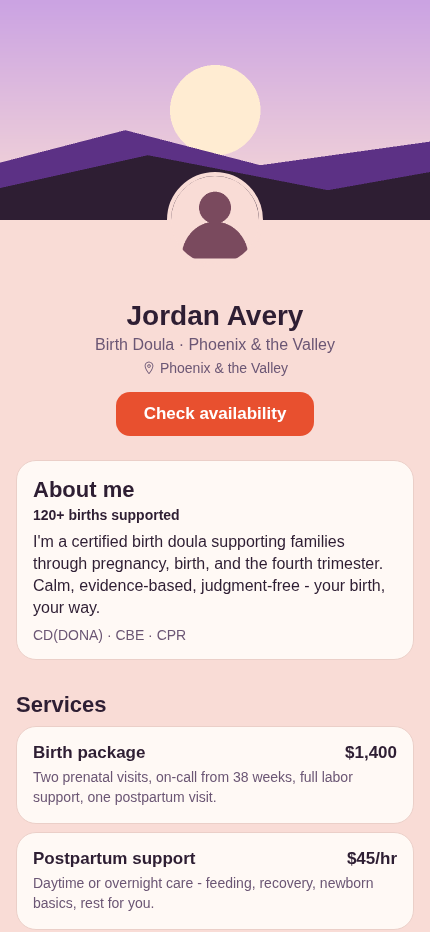 A doula's branded client page in HeyDoula